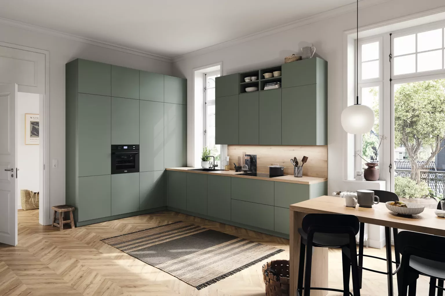 Cuisine Flat Vert sauge — façade plate en mélaminé Egger, Sweetch Interior