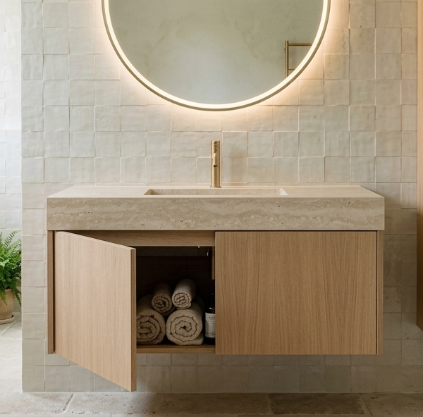 Meuble de salle de bain sur mesure : le guide complet 2026 (dimensions, matériaux, portes)