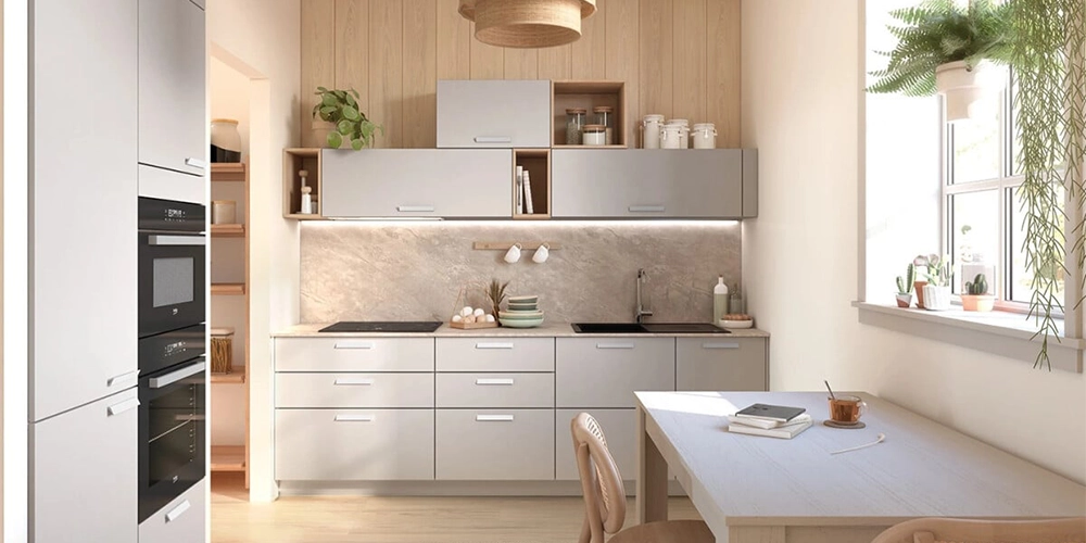 Cuisine aviva gris clair et bois de chêne