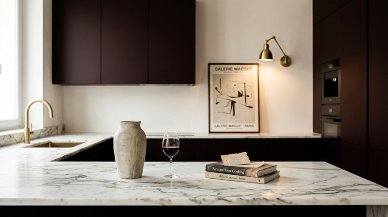 Cuisine contemporaine façades bordeaux foncé plan de travail en marbre blanc