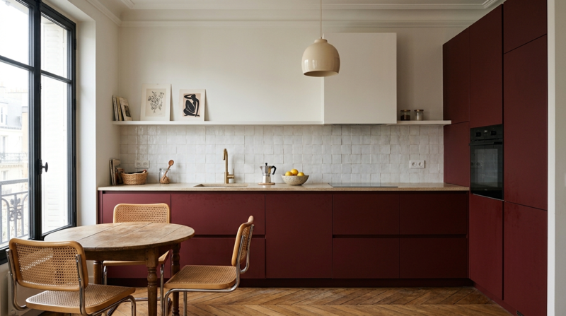 Cuisine parisienne contemporaine façades bordeaux plan de travail en bois, parquet et murs blancs