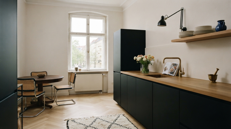 Cuisine moderne et lumineuses, façades noire plan de travail en chêne, parquet