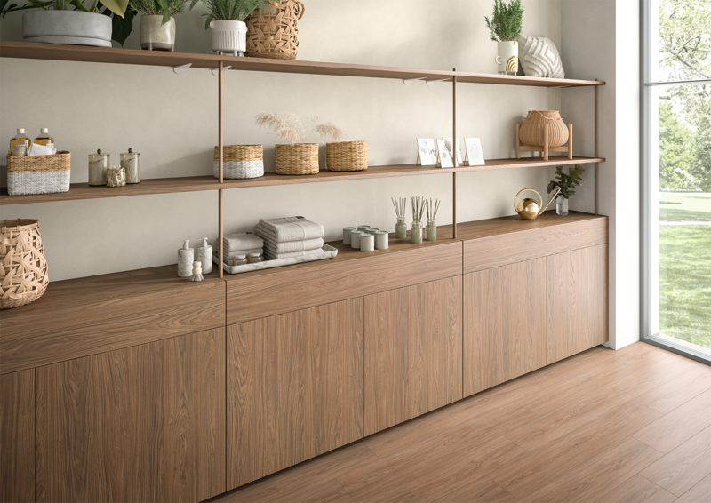 buffet de salon avec meubles bas et étagères façades en effet bois chêne