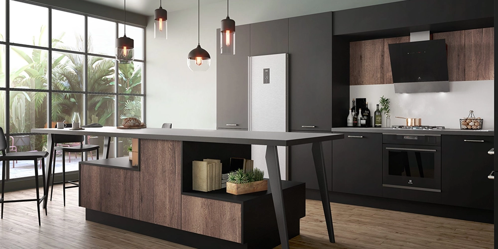 Cuisine industrielle Façades Sweetch PAO Ombre et Noyer naturel