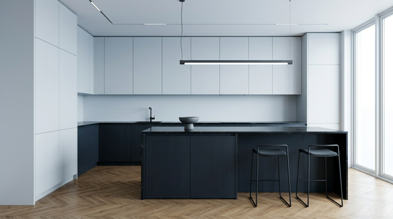 Cuisine Ikea Metod en L bicolore façades Sweetch Interior modèle PAO Glacier Urbain et Ombre