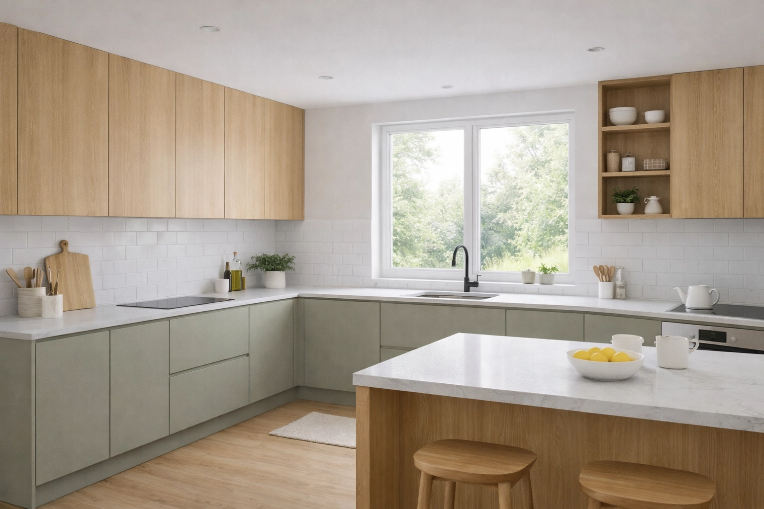 Cuisine scandinave en U avec façades mates olive, meubles hauts bois clair, îlot blanc et lumière naturelle