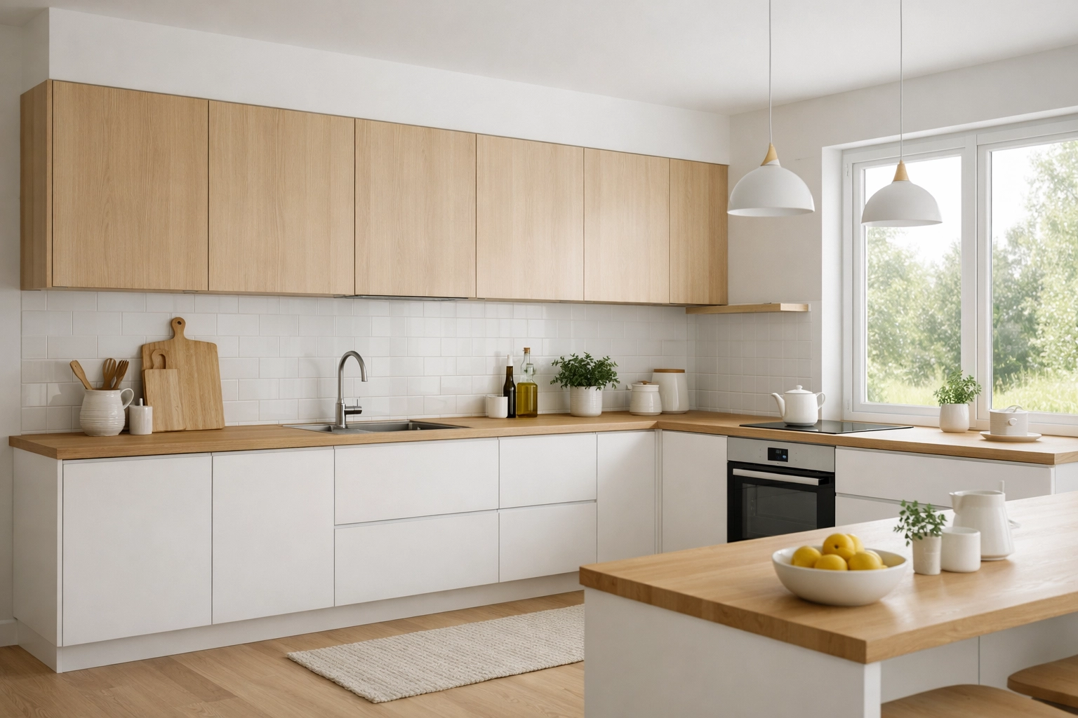 Cuisine scandinave en L avec façades blanches mates, meubles hauts bois clair et plan de travail chêne