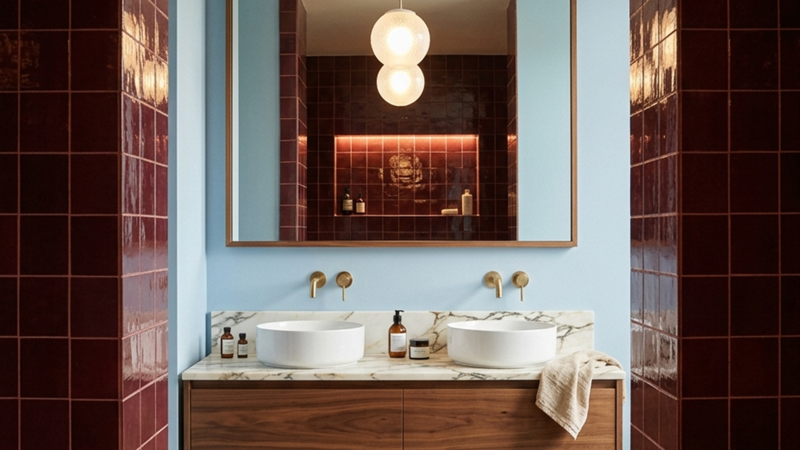 salle de bains carrelage rouge bordeaux, portes de meuble en noyer, double vasque, grand miroir, mur bleu ciel
