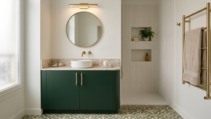 meuble de salle de bain vasque unique, portes de meuble vert foncé, mur blanc et zelliges blancs