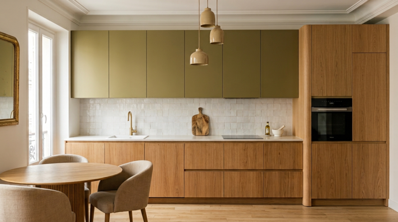 Cuisine vert olive et chêne, appartement parisien, crédence en carreaux, parquet